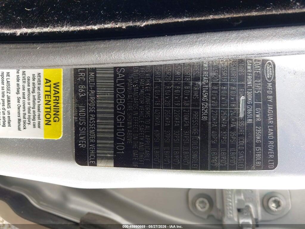 SALVD2BG7GH107101 2016 LAND ROVER RANGE ROVER EVOQUE photo no. 9