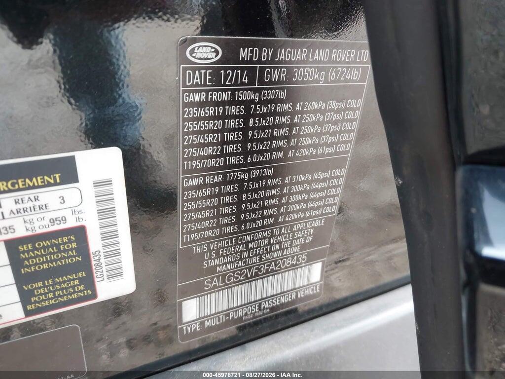 SALGS2VF3FA208435 2015 LAND ROVER RANGE ROVER photo no. 9