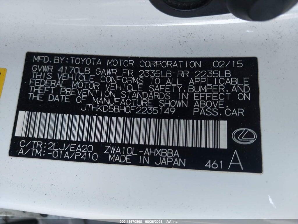 JTHKD5BH0F2235149 2015 LEXUS CT 200H photo no. 9