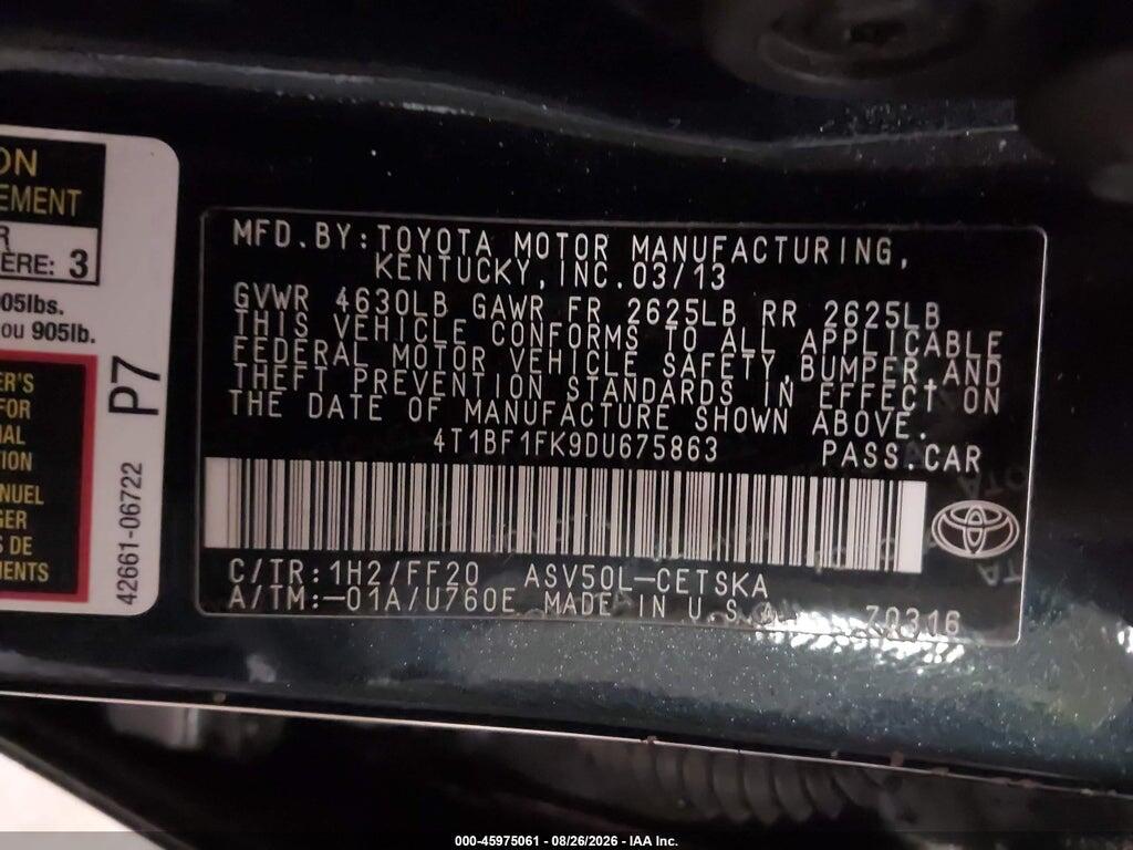 4T1BF1FK9DU675863 2013 TOYOTA CAMRY photo no. 9