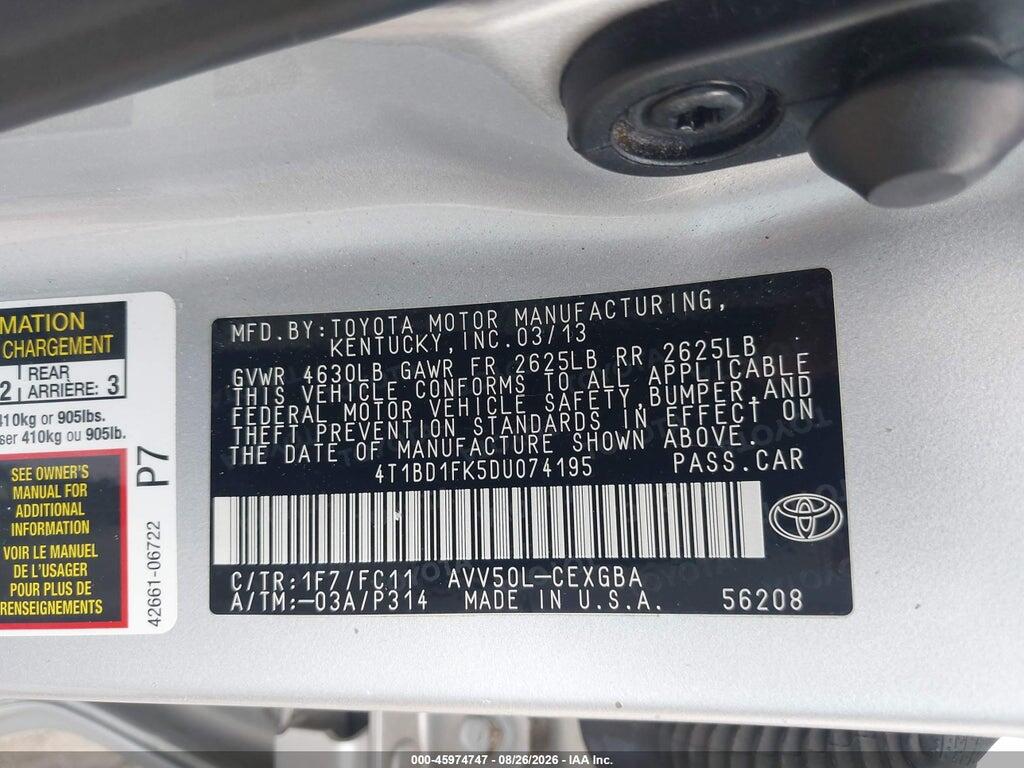 4T1BD1FK5DU074195 2013 TOYOTA CAMRY HYBRID photo no. 9