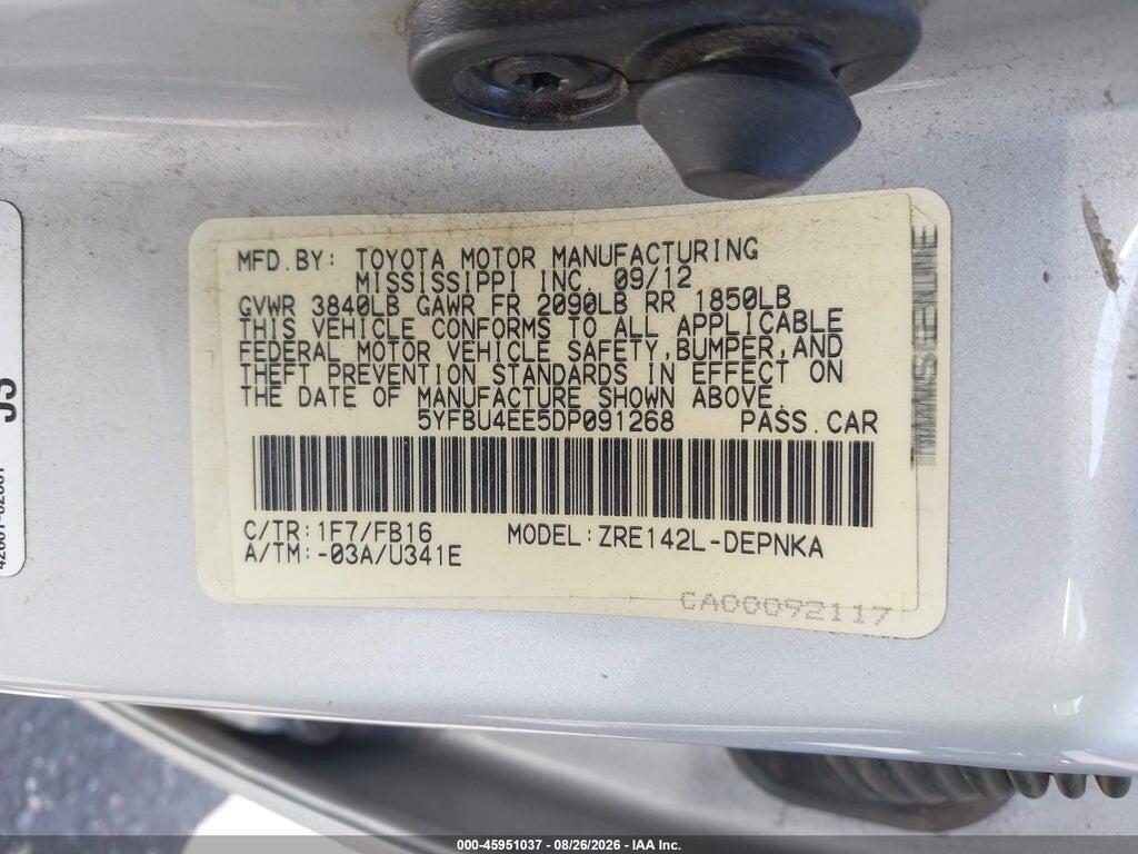 5YFBU4EE5DP091268 2013 TOYOTA COROLLA photo no. 9