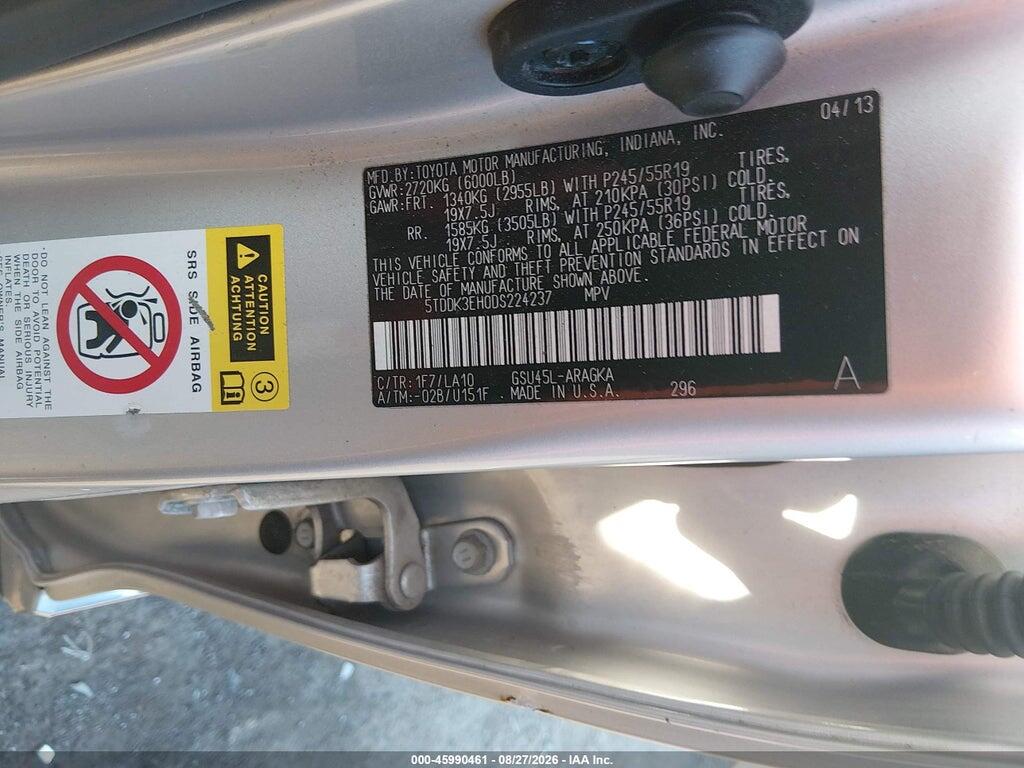 5TDDK3EH0DS224237 2013 TOYOTA HIGHLANDER photo no. 9