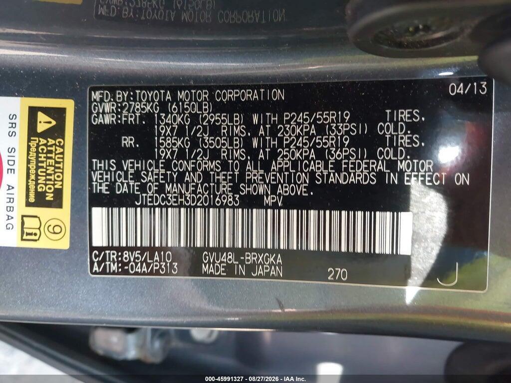 JTEDC3EH3D2016983 2013 TOYOTA HIGHLANDER HYBRID photo no. 9