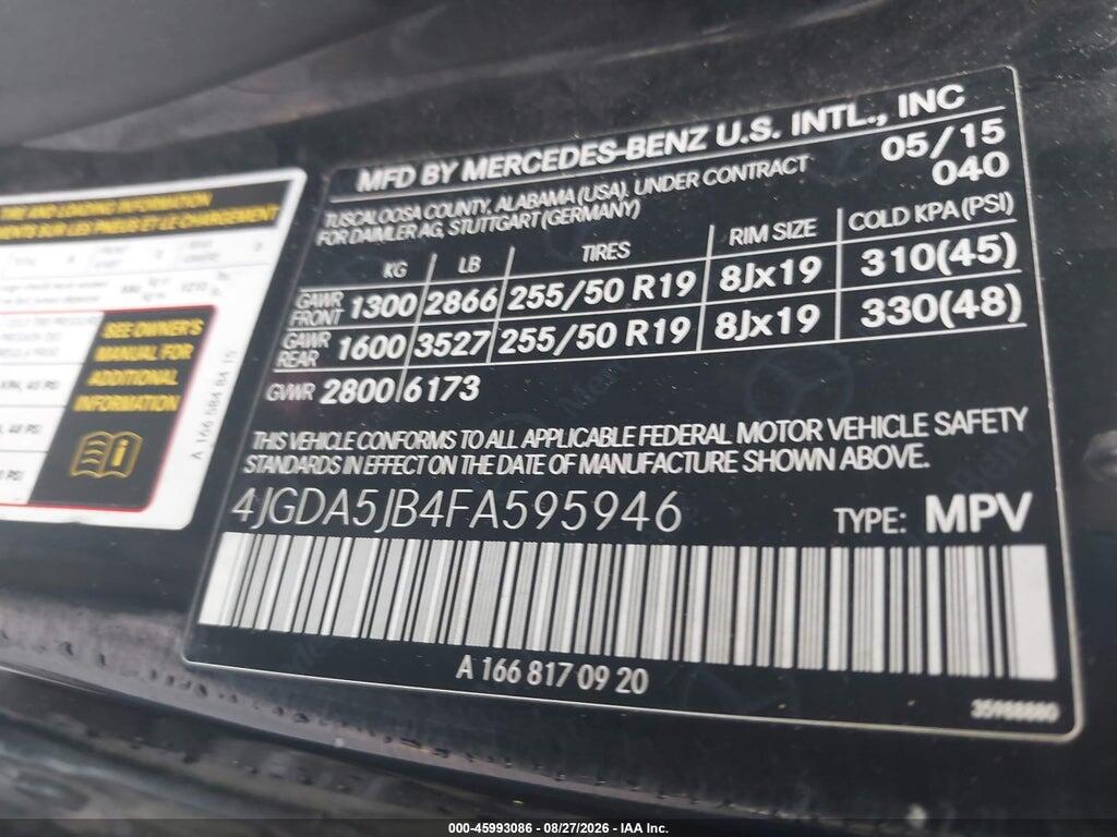 4JGDA5JB4FA595946 2015 MERCEDES-BENZ ML 350 photo no. 9