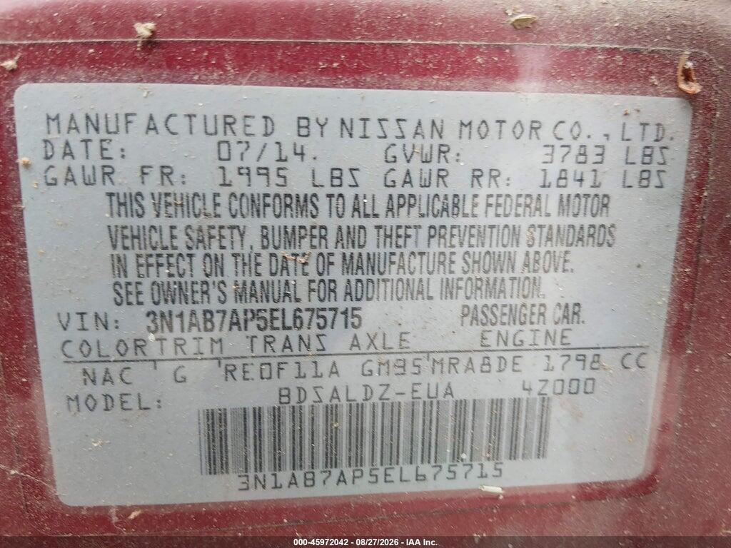 3N1AB7AP5EL675715 2014 NISSAN SENTRA photo no. 9