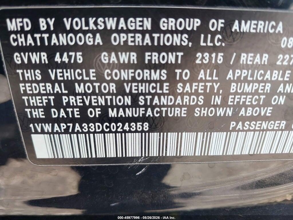1VWAP7A33DC024358 2013 VOLKSWAGEN PASSAT photo no. 9