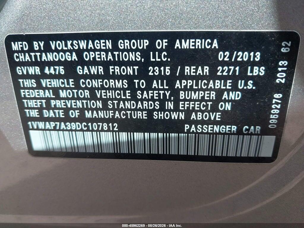 1VWAP7A39DC107812 2013 VOLKSWAGEN PASSAT photo no. 9