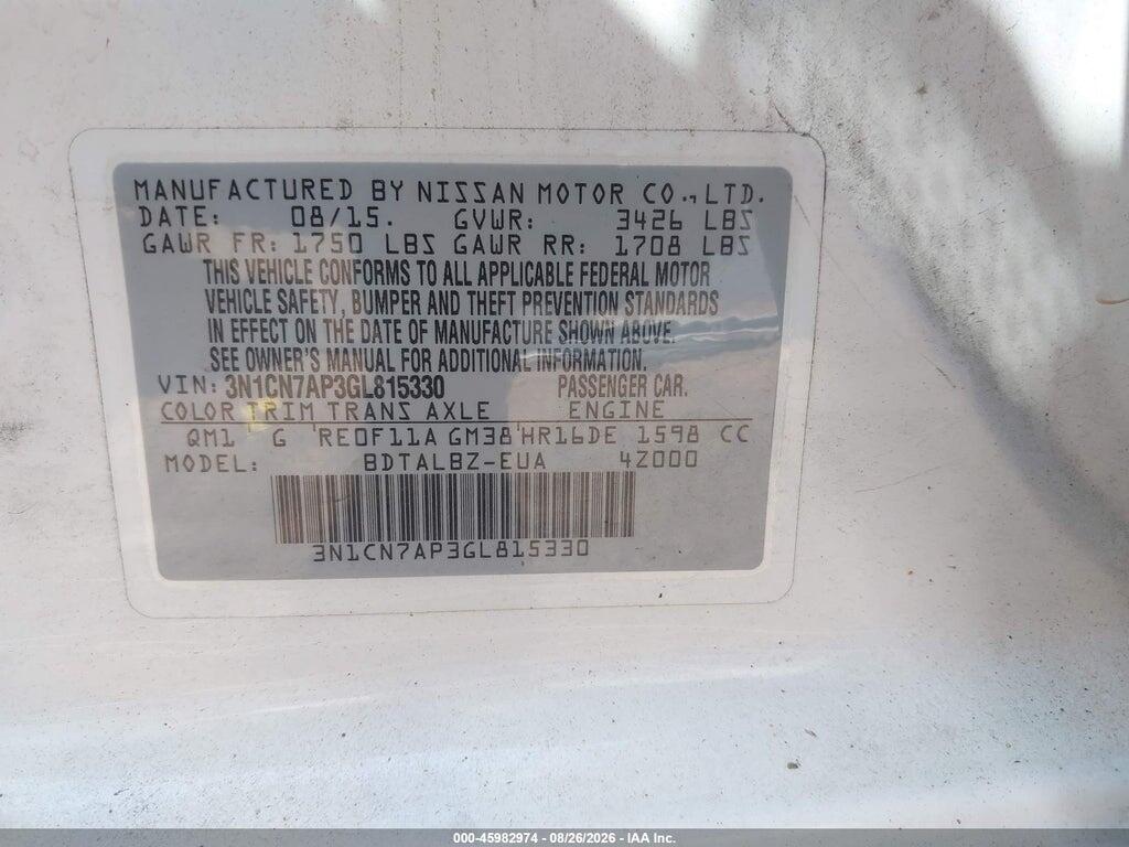 3N1CN7AP3GL815330 2016 NISSAN VERSA photo no. 9