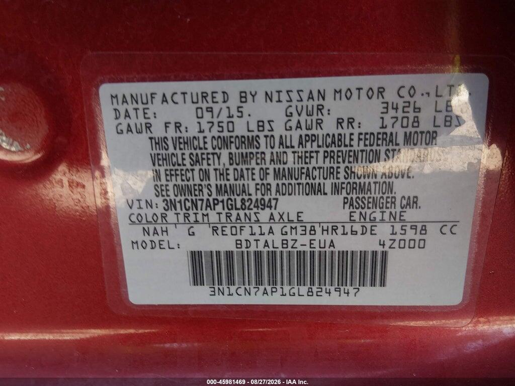 3N1CN7AP1GL824947 2016 NISSAN VERSA photo no. 9