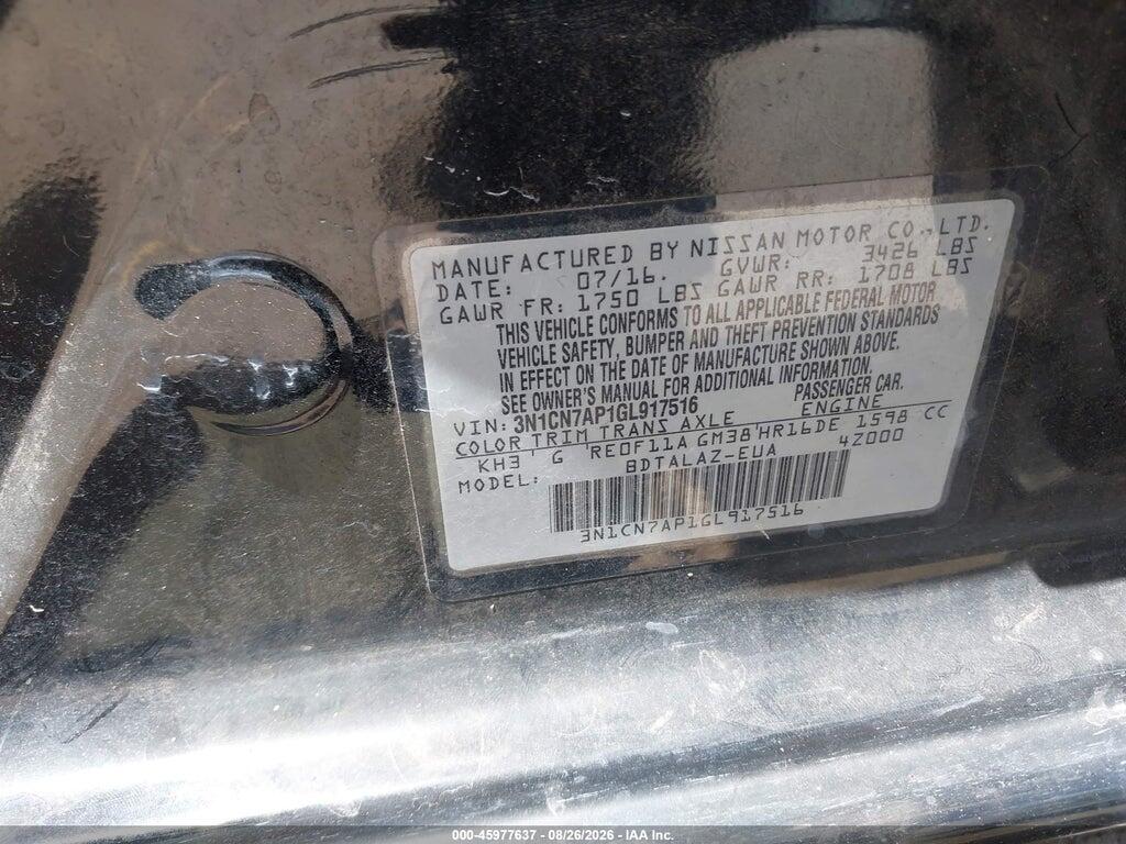 3N1CN7AP1GL917516 2016 NISSAN VERSA photo no. 9
