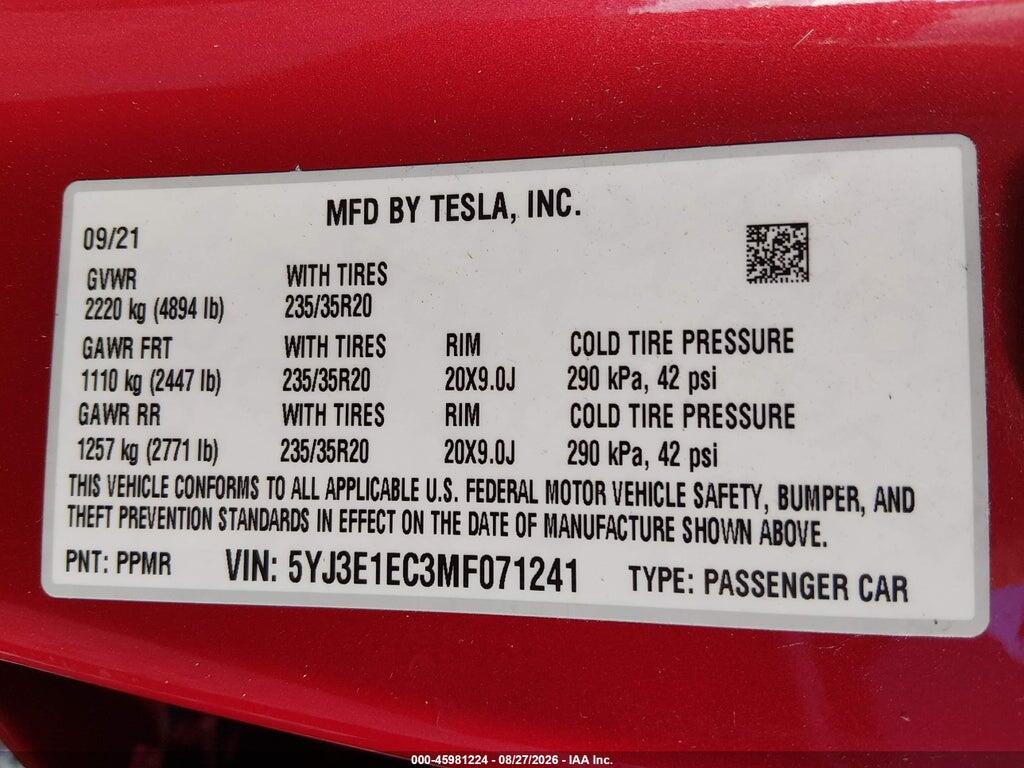 5YJ3E1EC3MF071241 2021 TESLA MODEL 3 photo no. 9