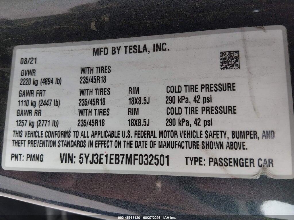 5YJ3E1EB7MF032501 2021 TESLA MODEL 3 photo no. 9