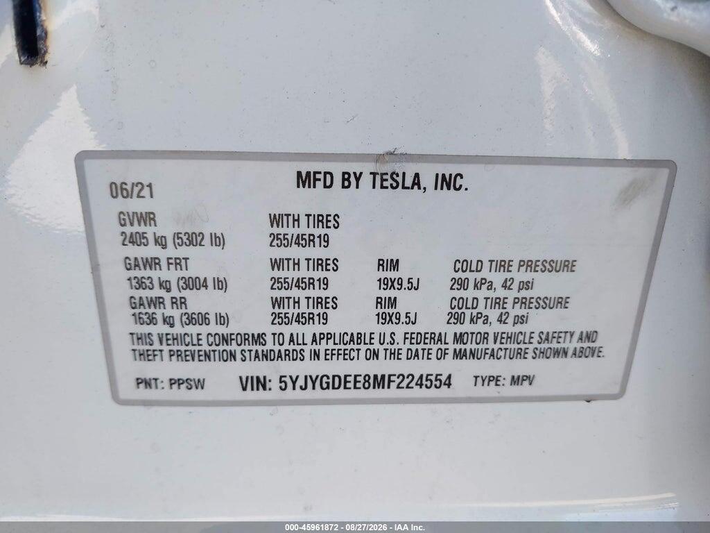5YJYGDEE8MF224554 2021 TESLA MODEL Y photo no. 9