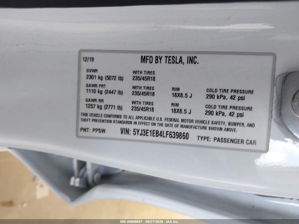 5YJ3E1EB4LF639860 2020 TESLA MODEL 3 photo no. 9
