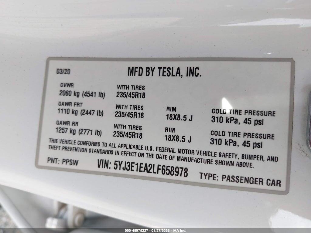 5YJ3E1EA2LF658978 2020 TESLA MODEL 3 photo no. 9