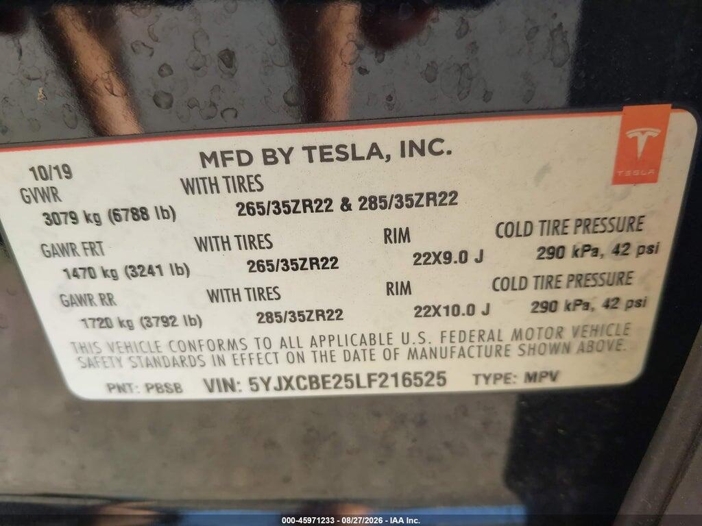 5YJXCBE25LF216525 2020 TESLA MODEL X photo no. 9