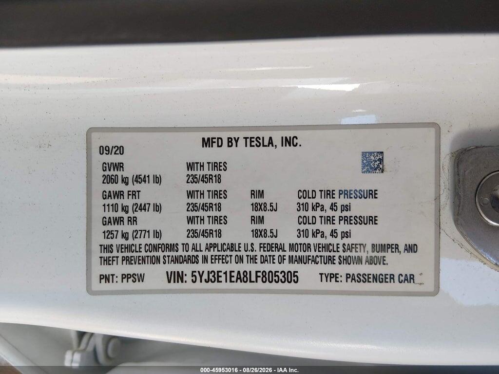 5YJ3E1EA8LF805305 2020 TESLA MODEL 3 photo no. 9
