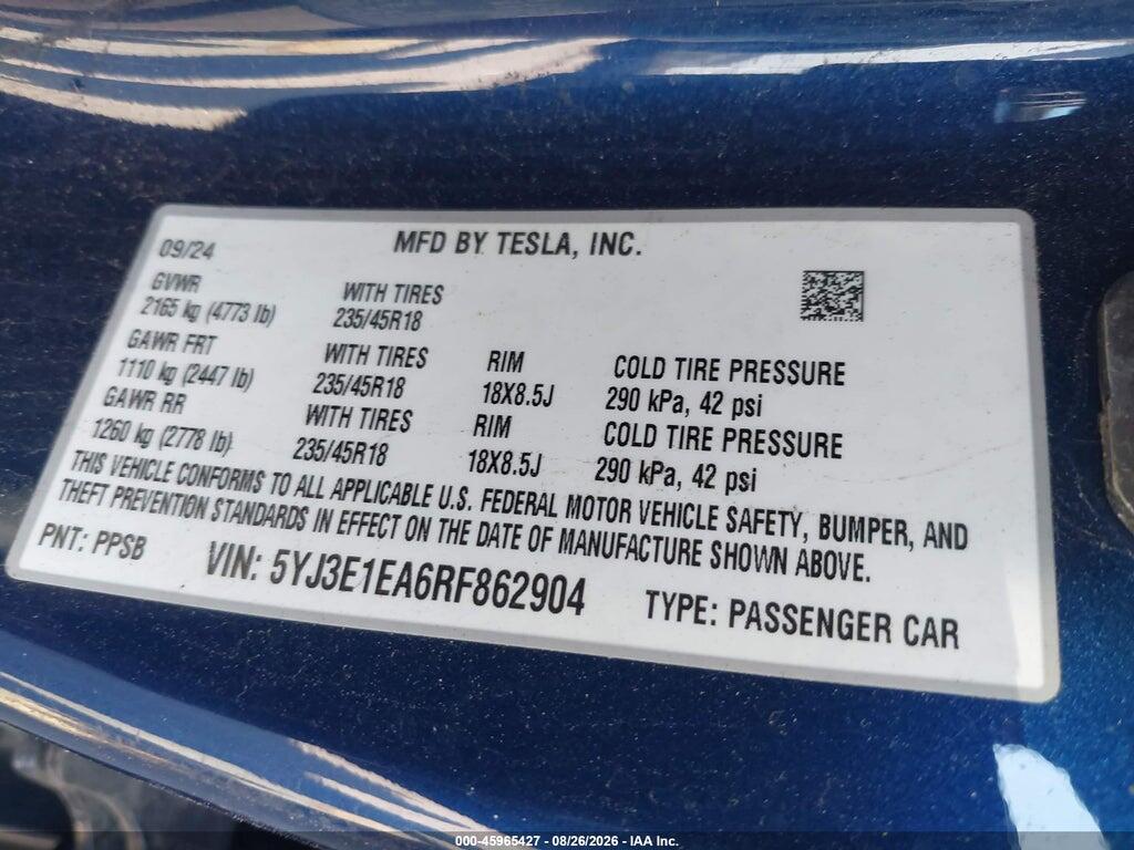 5YJ3E1EA6RF862904 2024 TESLA MODEL 3 photo no. 9