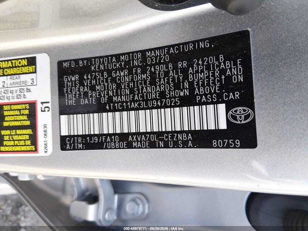 4T1C11AK3LU947025 2020 TOYOTA CAMRY photo no. 9