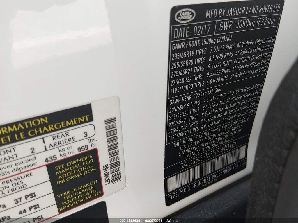SALGS2FV3HA340166 2017 LAND ROVER RANGE ROVER photo no. 9