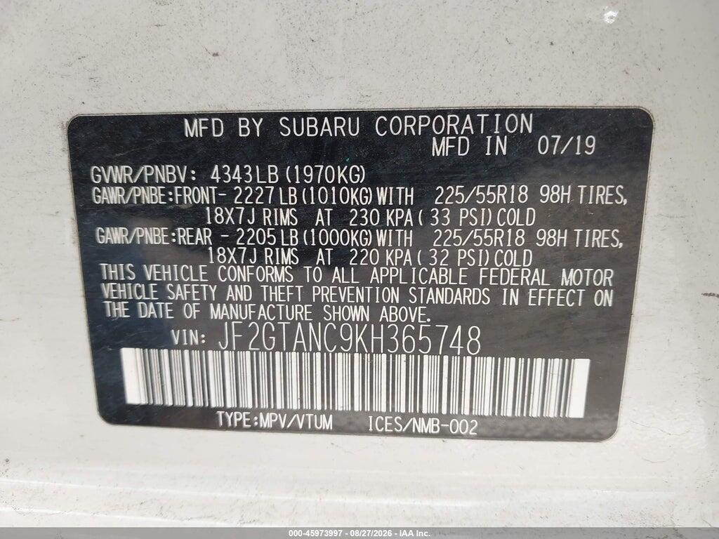 JF2GTANC9KH365748 2019 SUBARU CROSSTREK photo no. 9