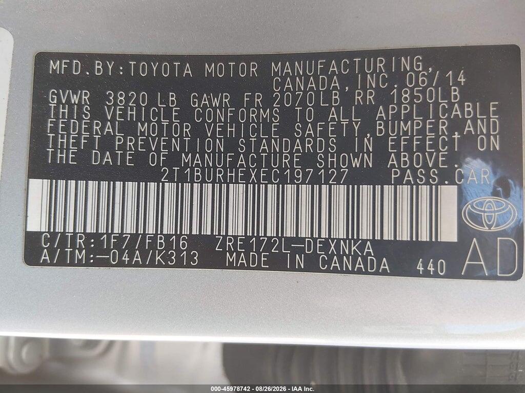 2T1BURHEXEC197127 2014 TOYOTA COROLLA photo no. 9