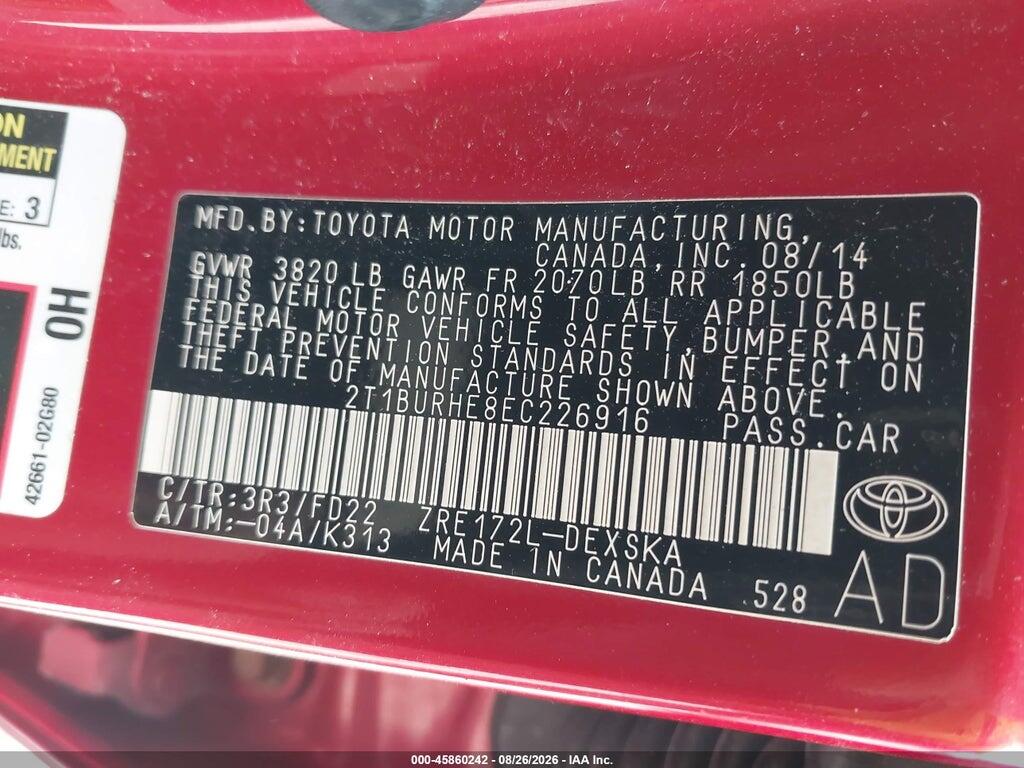 2T1BURHE8EC226916 2014 TOYOTA COROLLA photo no. 9