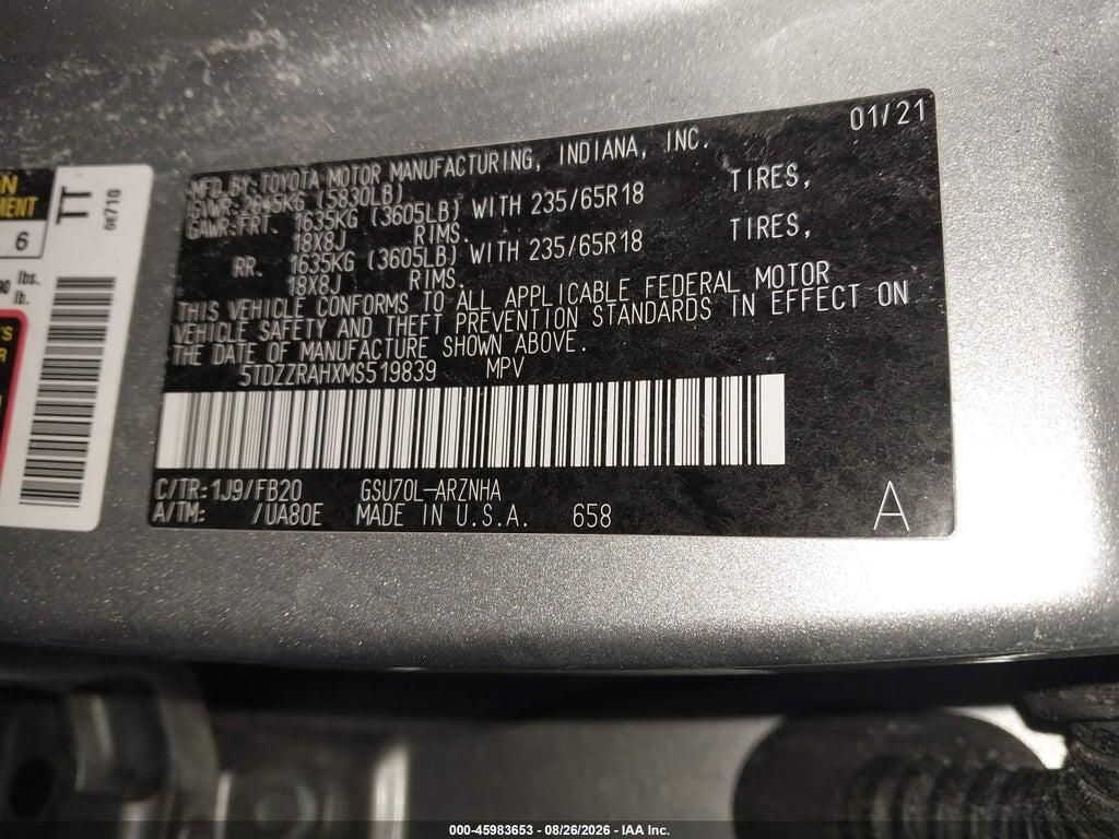 5TDZZRAHXMS519839 2021 TOYOTA HIGHLANDER photo no. 9