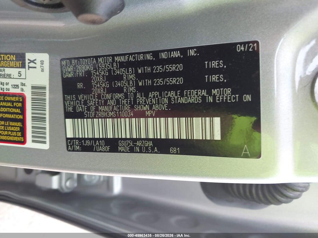 5TDFZRBH3MS110034 2021 TOYOTA HIGHLANDER photo no. 9