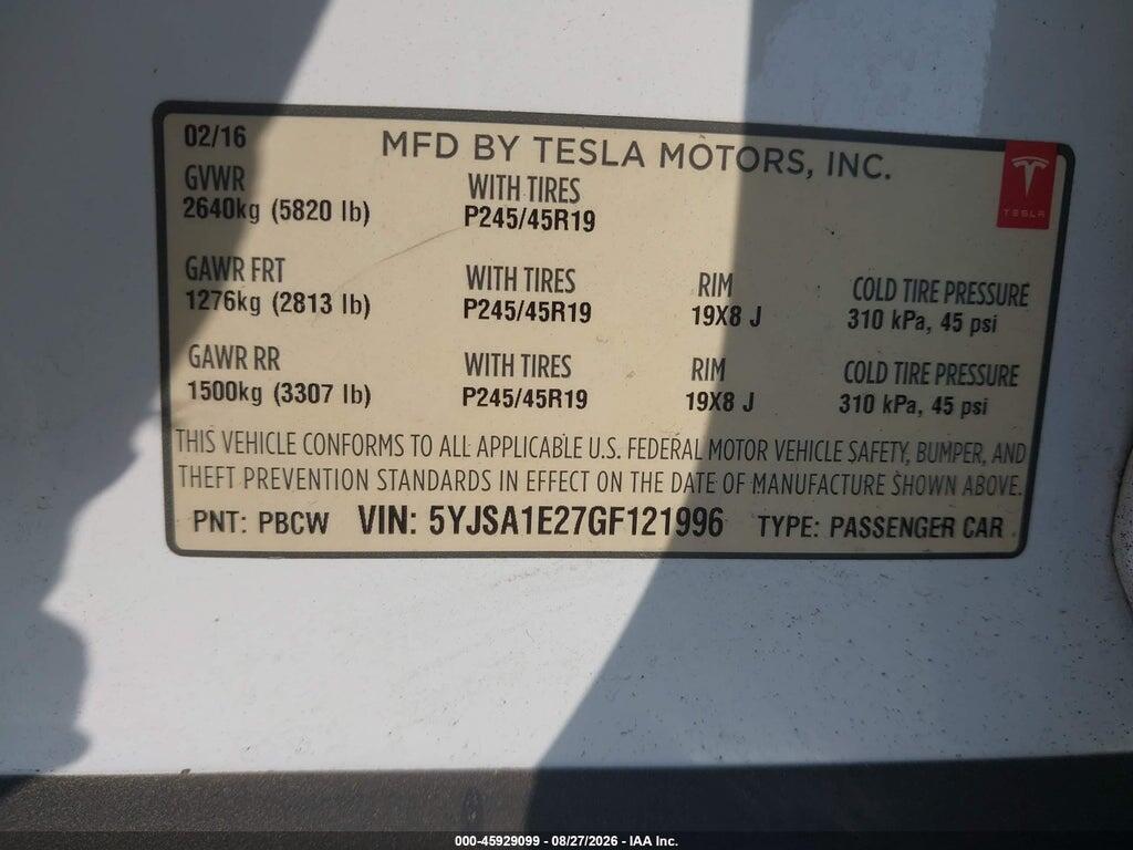 5YJSA1E27GF121996 2016 TESLA MODEL S photo no. 9