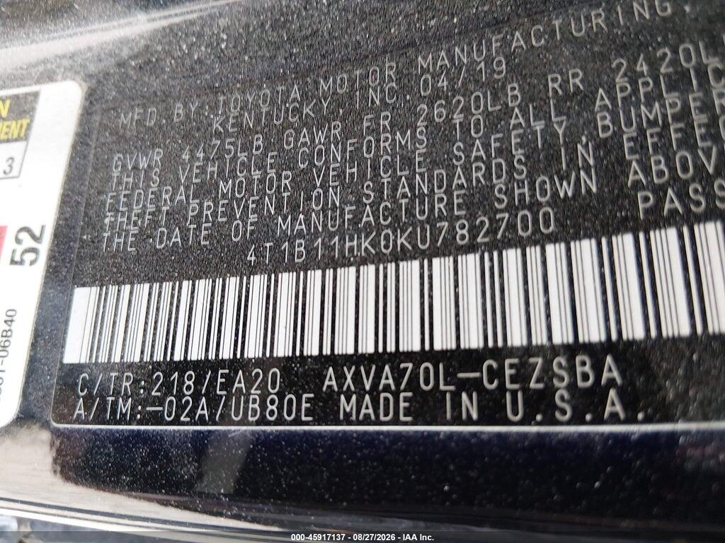 4T1B11HK0KU782700 2019 TOYOTA CAMRY photo no. 9