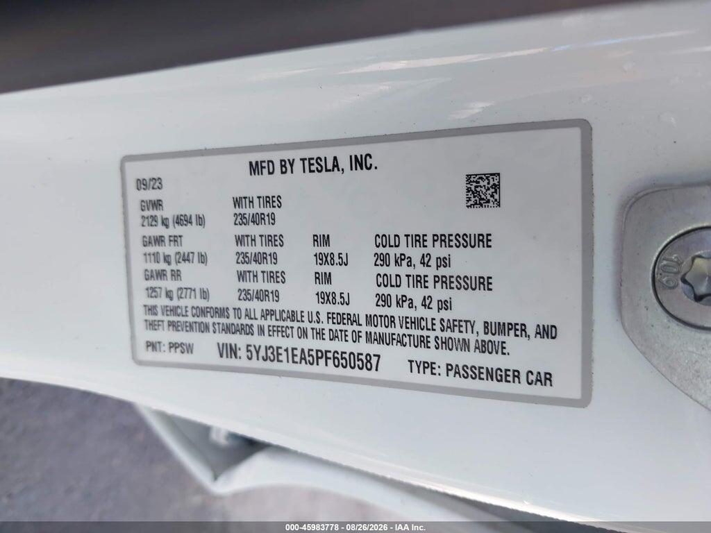 5YJ3E1EA5PF650587 2023 TESLA MODEL 3 photo no. 9