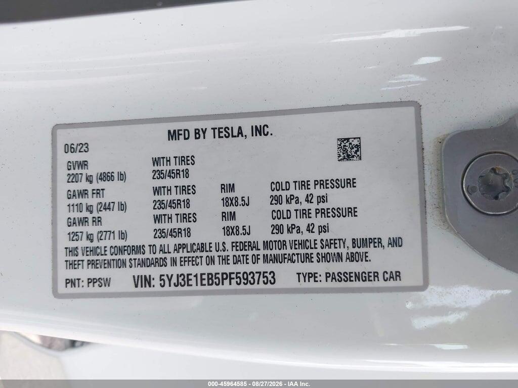 5YJ3E1EB5PF593753 2023 TESLA MODEL 3 photo no. 9
