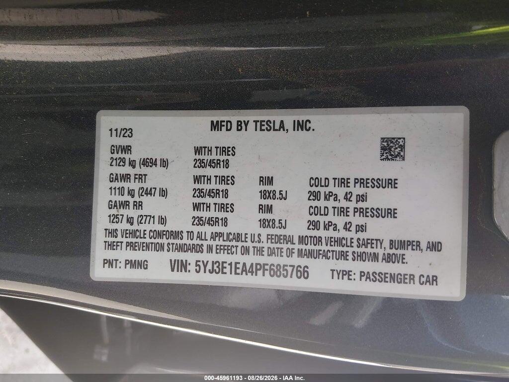 5YJ3E1EA4PF685766 2023 TESLA MODEL 3 photo no. 9