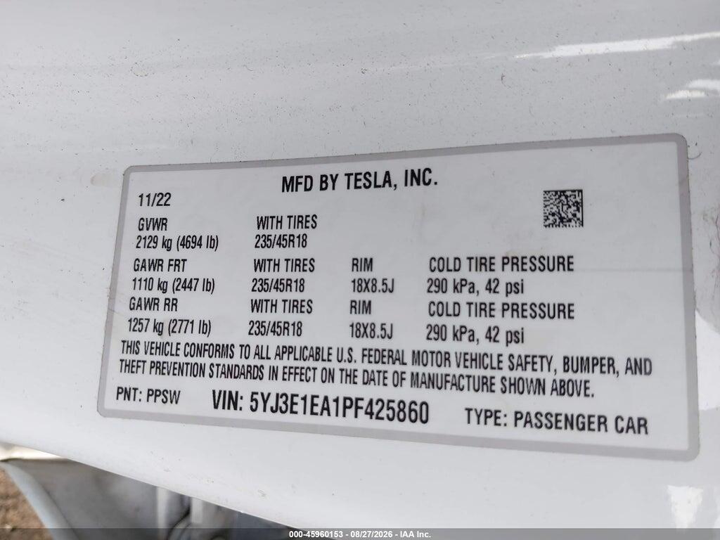 5YJ3E1EA1PF425860 2023 TESLA MODEL 3 photo no. 9