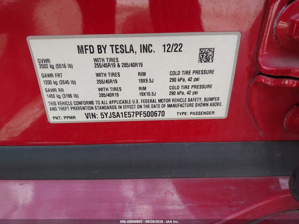 5YJSA1E57PF500670 2023 TESLA MODEL S photo no. 9