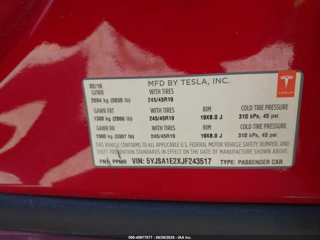 5YJSA1E2XJF243517 2018 TESLA MODEL S photo no. 9