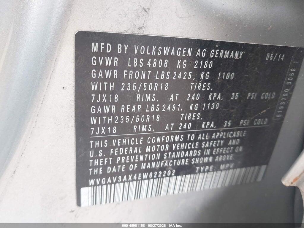 WVGAV3AX4EW622202 2014 VOLKSWAGEN TIGUAN photo no. 9