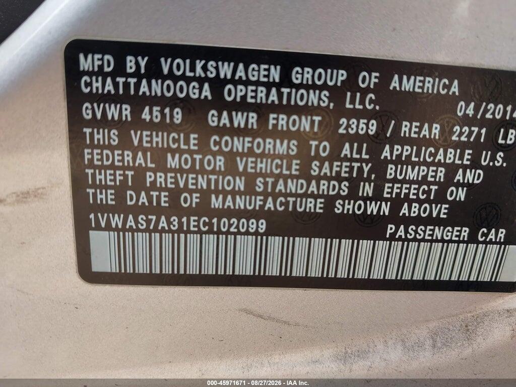 1VWAS7A31EC102099 2014 VOLKSWAGEN PASSAT photo no. 9