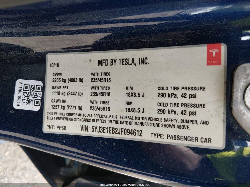 5YJ3E1EB2JF094612 2018 TESLA MODEL 3 photo no. 9