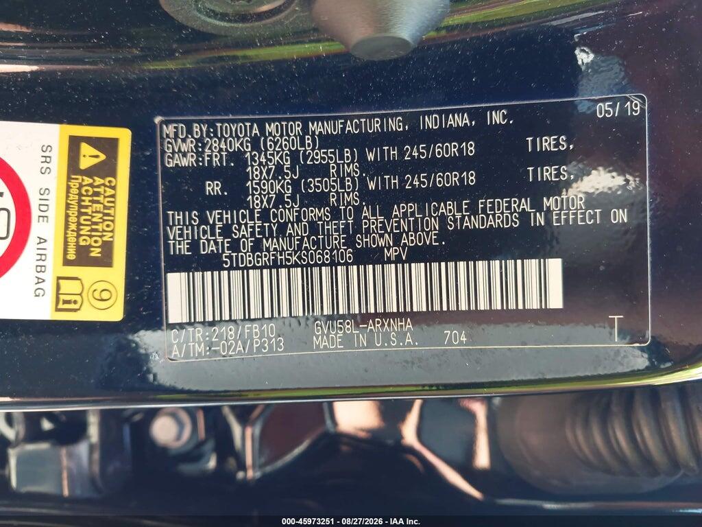 5TDBGRFH5KS068106 2019 TOYOTA HIGHLANDER HYBRID photo no. 9