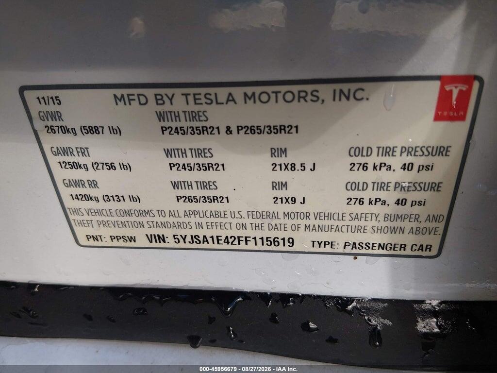 5YJSA1E42FF115619 2015 TESLA MODEL S photo no. 9