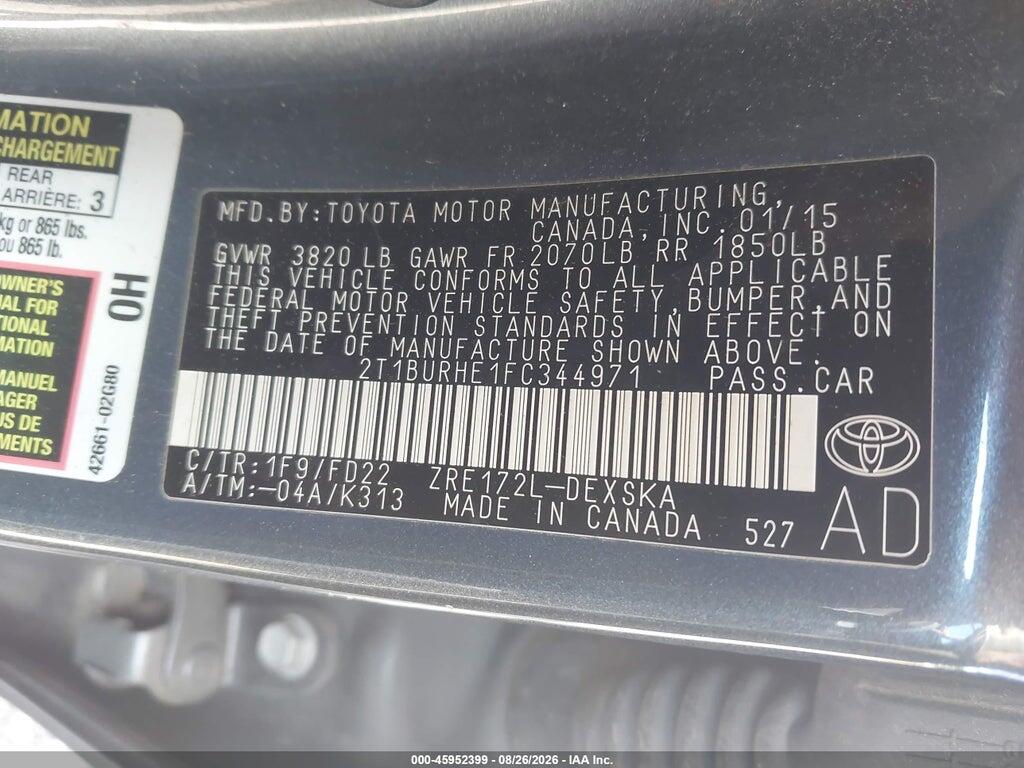 2T1BURHE1FC344971 2015 TOYOTA COROLLA photo no. 9