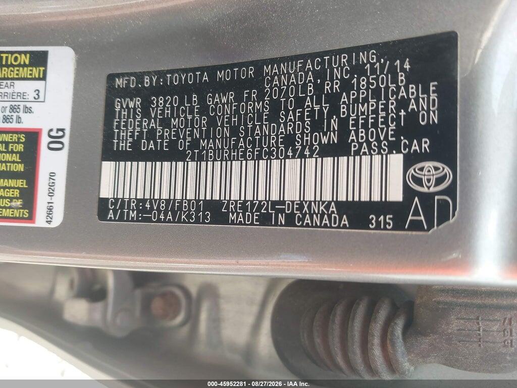 2T1BURHE6FC304742 2015 TOYOTA COROLLA photo no. 9