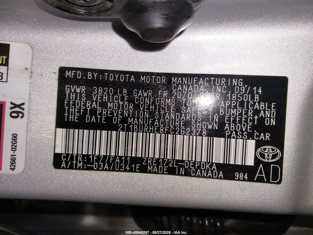 2T1BURHE8FC262378 2015 TOYOTA COROLLA photo no. 9