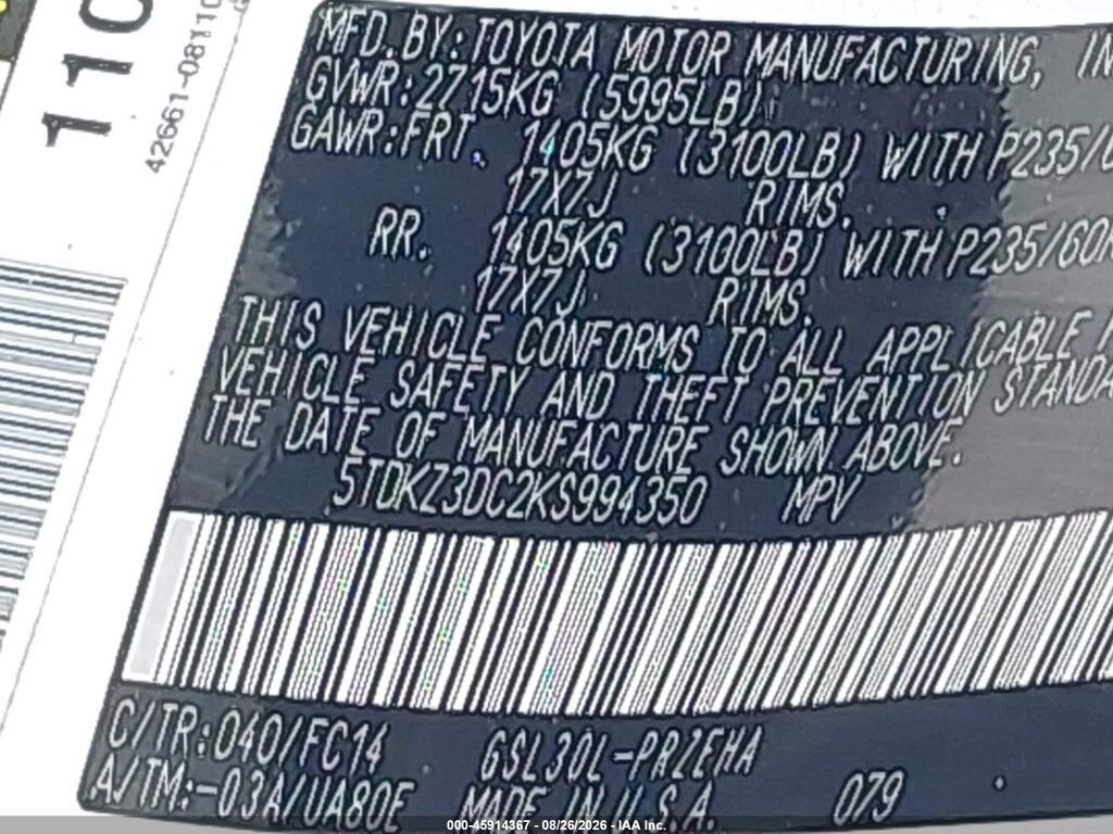 5TDKZ3DC2KS994350 2019 TOYOTA SIENNA photo no. 9