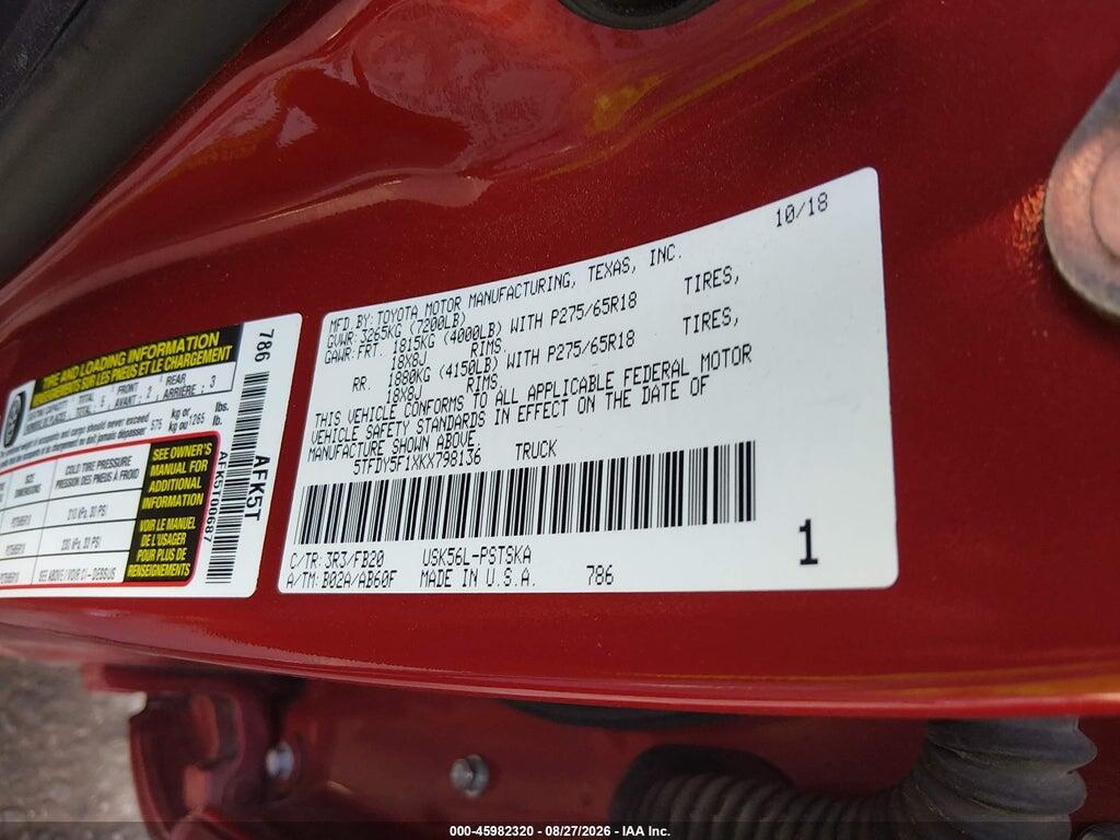 5TFDY5F1XKX798136 2019 TOYOTA TUNDRA photo no. 9