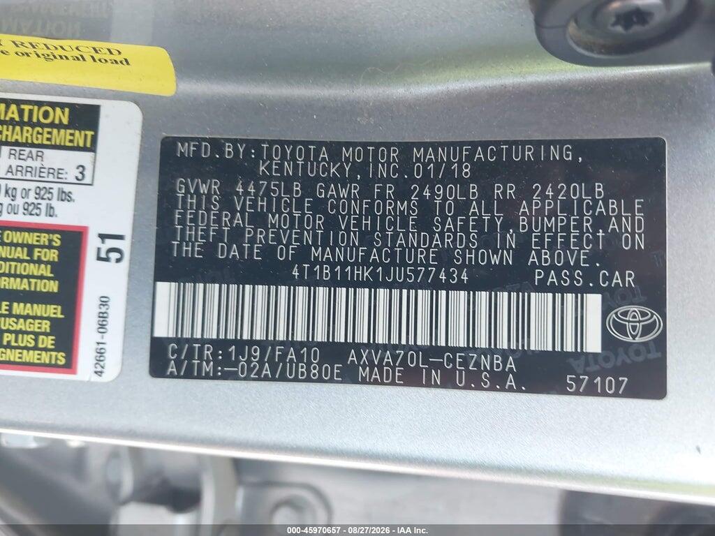 4T1B11HK1JU577434 2018 TOYOTA CAMRY photo no. 9