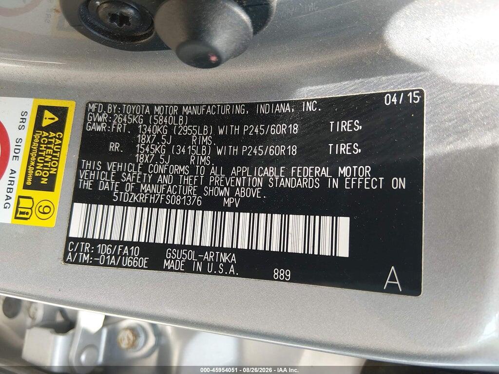 5TDZKRFH7FS081376 2015 TOYOTA HIGHLANDER photo no. 9